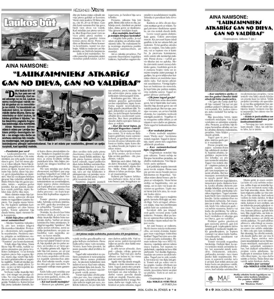 AINA NAMSONE: “LAUKSAIMNIEKS ATKARĪGS GAN NO DIEVA, GAN NO VALDĪBAS”
